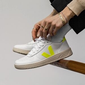 Veja Women's White and Neon Yellow V10 Sneakers